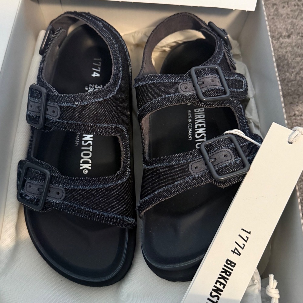 Birkenstock 1774 Milano Stone Washed Dark Wash Denim Sandals  Womens 5-6